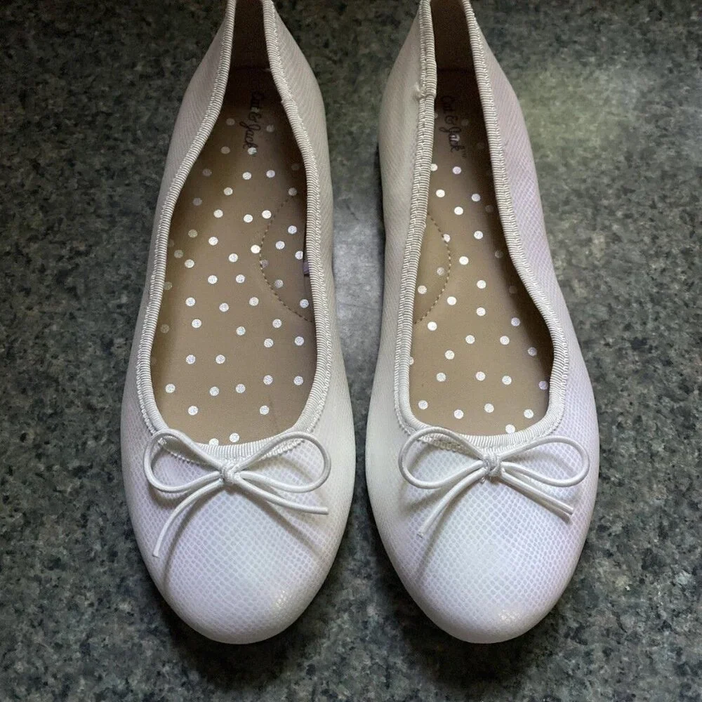 Cat & Jack Girls Ballet Flats White Faux Leather Bow 3 irridescent